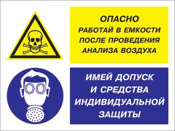 Кз 90 опасно - работай в емкости после проведения анализа воздуха. имей допуск и средства индивидуальной защиты. (пластик, 600х400 мм) - Знаки безопасности - Комбинированные знаки безопасности - Магазин охраны труда ИЗО Стиль